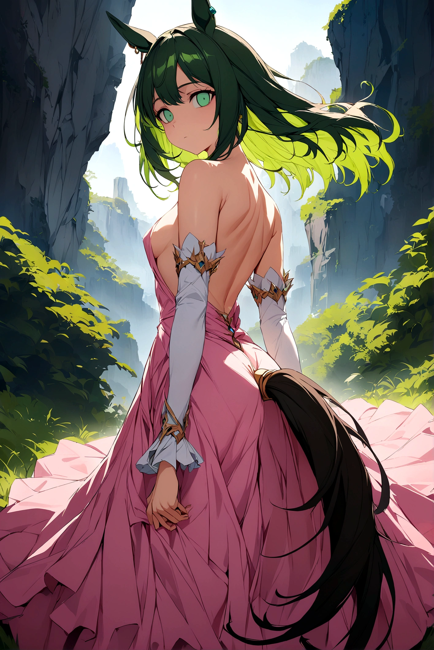 Best Quality, Masterpiece, high resolution, detailed, digital artwork, EcarlateJSP, pink dress, white sleeves, green eyes, pierce hair, Horse tail, empty eyes, outdoor, Anime Design,nude