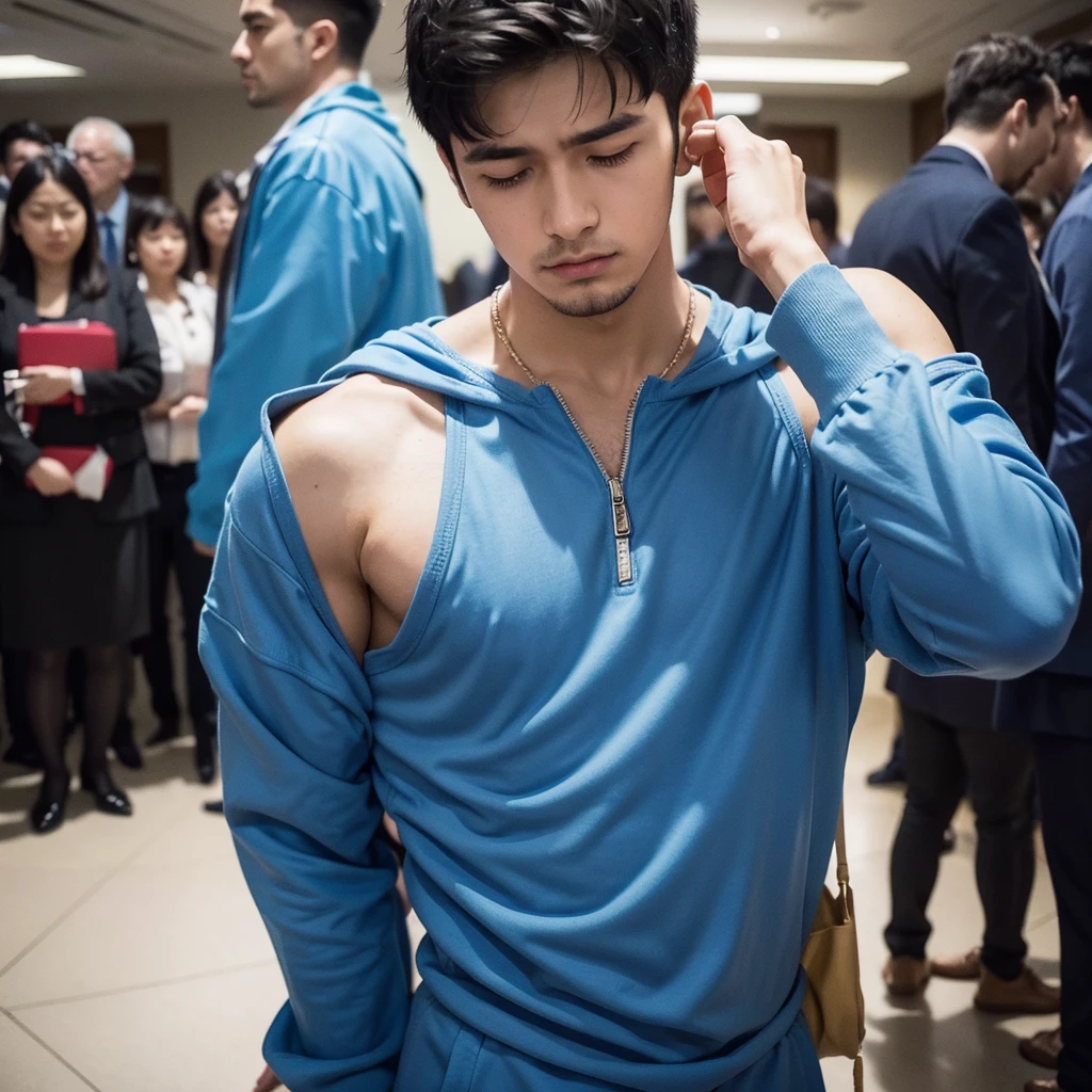 A detailed digital painting of a man representing the MBTI Consul (ESFJ) type. He is wearing a blue outfit, symbolizing his sociable and caring nature. The man has an overwhelmed expression, showing signs of stress from caring too much about others' needs. The background should include elements that depict social pressure, such as a crowded room with people asking for his help, and piles of tasks or requests. His posture should indicate he is burdened, perhaps with slumped shoulders or holding his head in his hands.