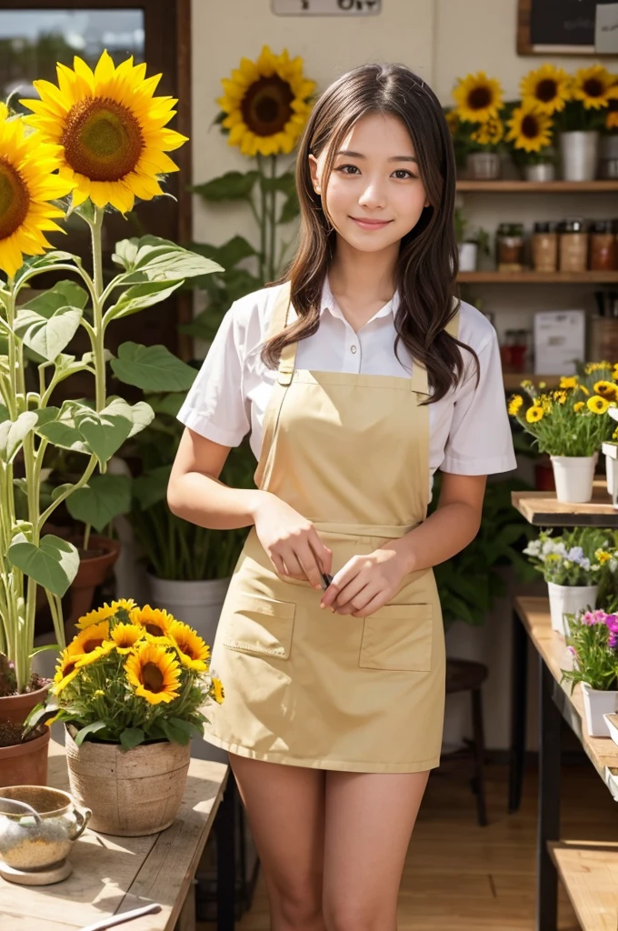 A 20-year-old girl working at a flower shop(Wearing a miniskirt and apron)have a sunflower