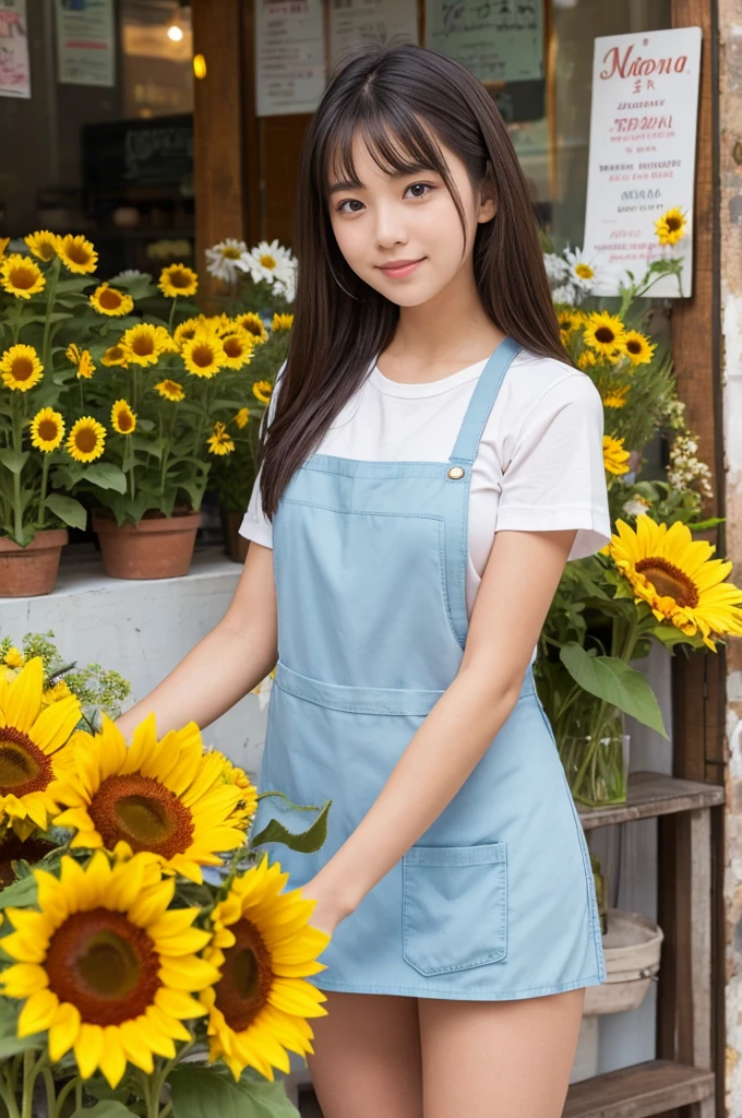 A 20-year-old girl working at a flower shop（Wearing a miniskirt and apron）have a sunflower