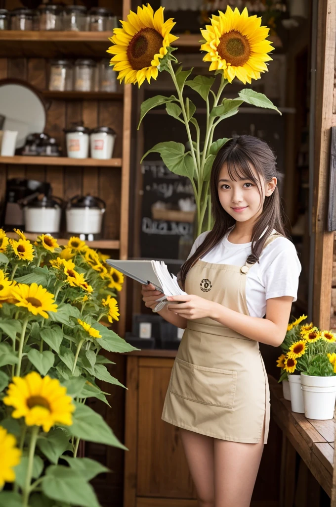 A 20-year-old girl working at a flower shop（Wearing a miniskirt and apron）have a sunflower