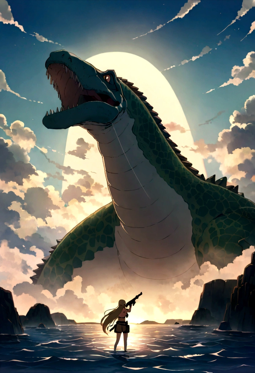 A future Earth where all land has been submerged,Sea.High resolution, Anime Style, A girl armed with a gun and a combat bikini.Seaで戦闘中, 女の子は未来のSeaで発射できる銃を持っている, A smile aiming at the prey,Giant dinosaur-like fish,背景にSeaの中に完全に水没したビル群
