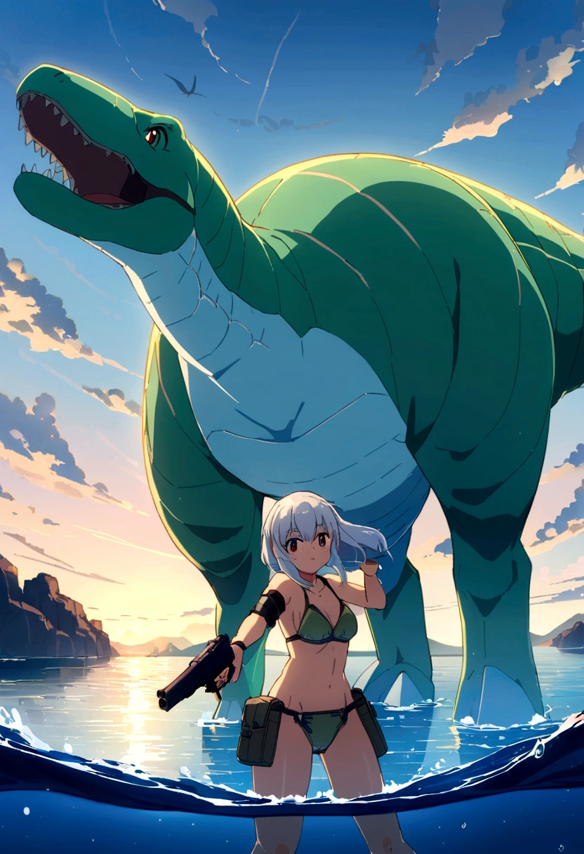 A future Earth where all land has been submerged,Sea.High resolution, Anime Style, A girl armed with a gun and a combat bikini.Seaで戦闘中, 女の子は未来のSeaで発射できる銃を持っている, A smile aiming at the prey,Giant dinosaur-like fish,背景にSeaの中に完全に水没したビル群