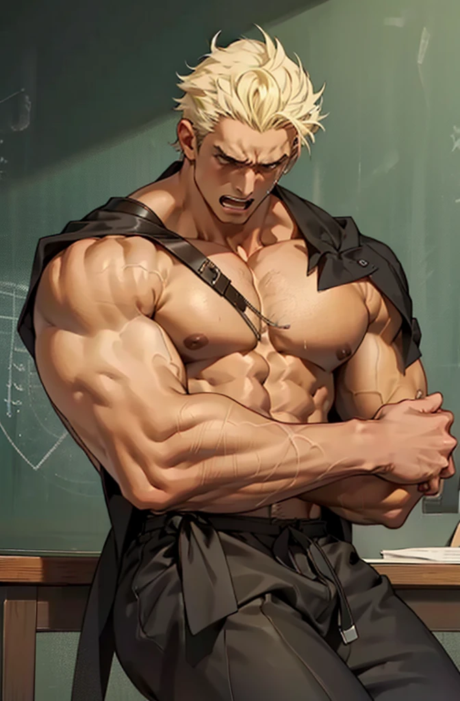 1 male, shenwoo, handsome, tall figure, muscular, sexy body, sitting on the table, blackboard, teacher, perfect composition, open mouth, frown, crying, screaming, masterpiece