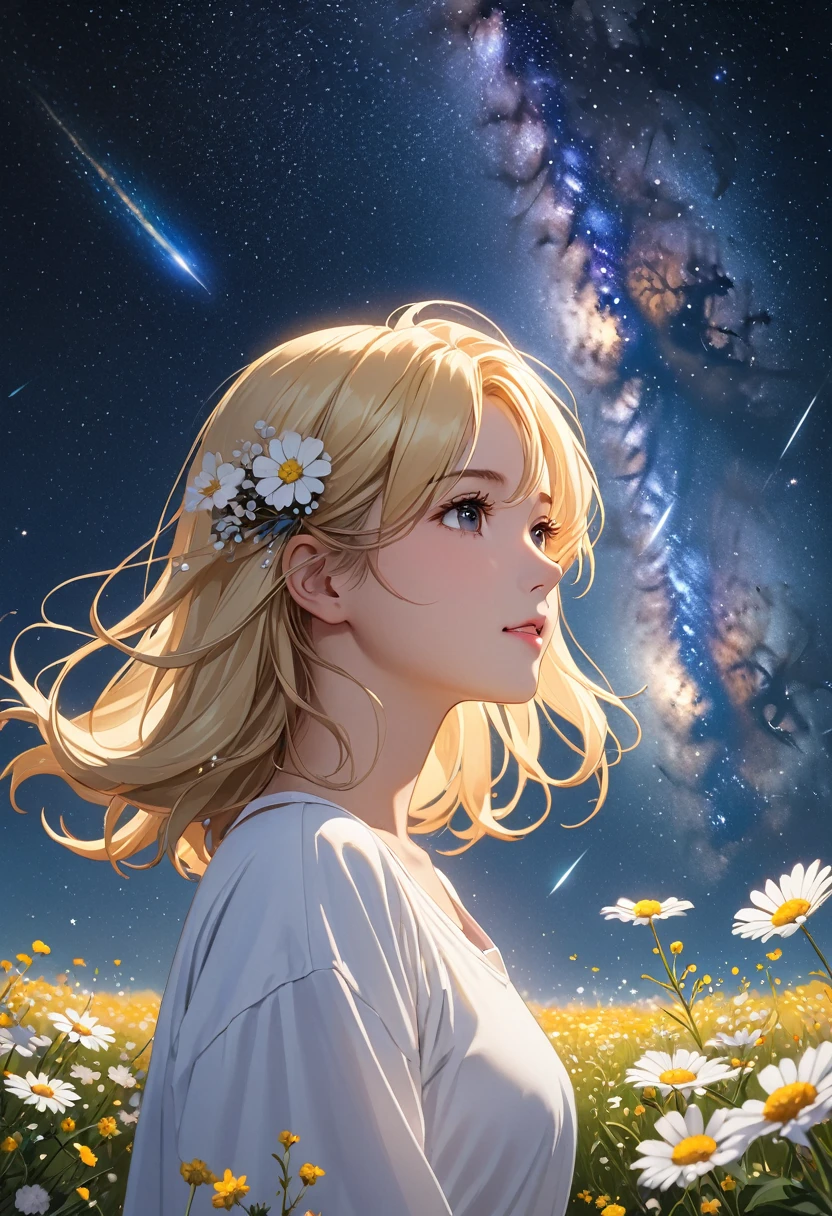 (Highest quality, masterpiece), One girl, Pause, particle, Wind, flower, Upper Body, Simple Background, View your viewers, blonde, Milky Way,