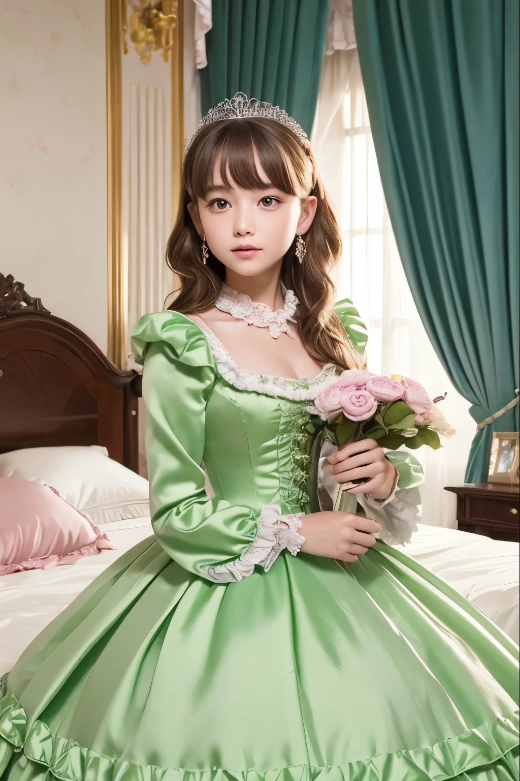 highest quality, masterpiece, highest resolution, artwork, super それにget used to it, many get used to it, get used to it, それにget used to it, 3k realistic pictures,,((12 year old little girls)),Ultra-detailed juvenile face,ultra-detailed beautiful little girls,girls are princess,full length ball gown dress with hoop skirt,ruffled yoke collar,puff sleeves,long sleeve,((Lolita style light green detailed princess satin dress with lots of ruffles and ribbons)),Rococo style lolita fashion,shiny satin dress,Soft and smooth fabric,detailed princess dress,luxury,long blonde hair,blue eyes,white skin european,Pajama,((in the bedroom of the palace)),luxury princess canopy king size pink bed,shiny satin sheets,ultra-detailed princess bed,High-quality background,lot of frilled pillows,on the bed,
