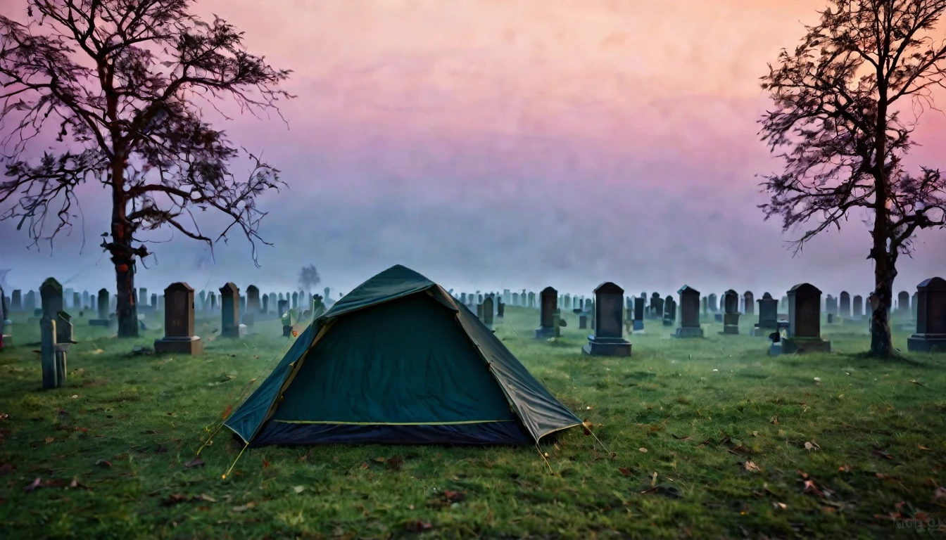 cemetery background, lonely camping tent, at dawn, sinister, macabre environment