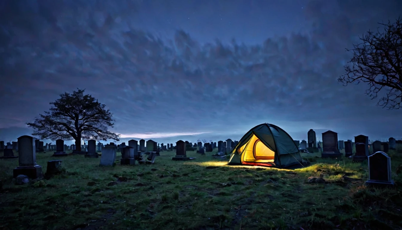 cemetery background, lonely camping tent, at dawn, sinister, macabre environment