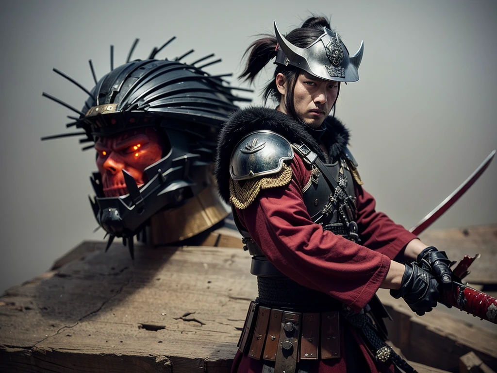 Japanese samurai with his armor and helmet, katana with blood in hand, skulls on the ground, dragons, japanese painting, drawing