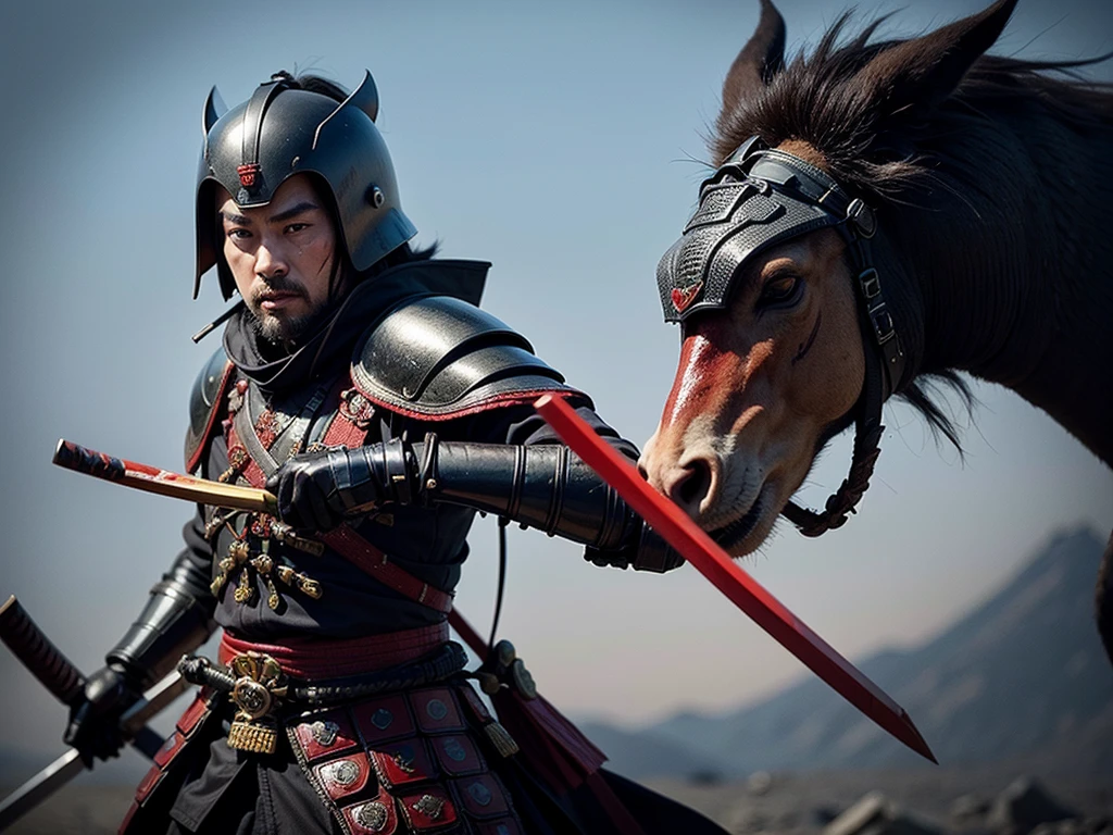 Japanese samurai with his armor and helmet, katana with blood in hand, skulls on the ground, dragons, japanese painting, drawing