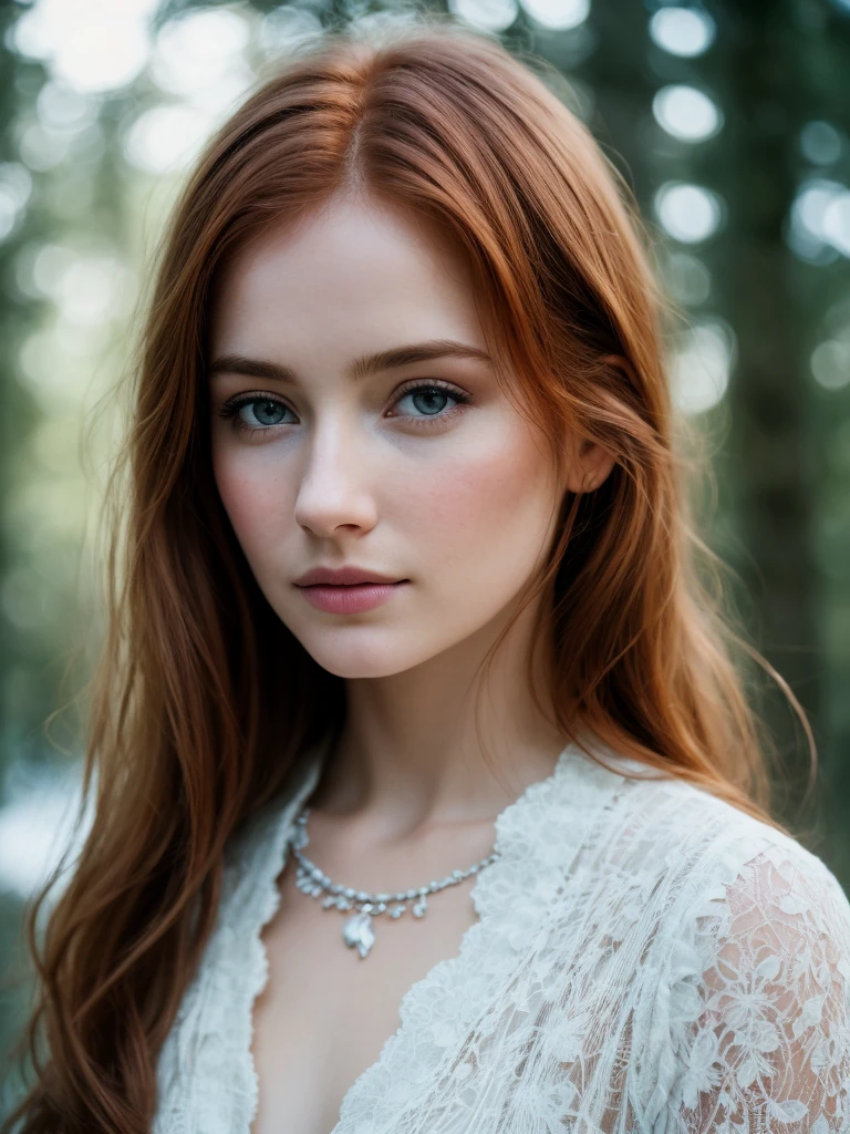 close up of a european woman, ginger hair, winter forest, natural skin texture, 24mm, 4k textures, soft cinematic light, RAW photo, photorealism, photorealistic, intricate, elegant, highly detailed, sharp focus, ((((cinematic look)))), soothing tones, insane details, intricate details, hyperdetailed, low contrast, soft cinematic light, dim colors, exposure blend, hdr, faded