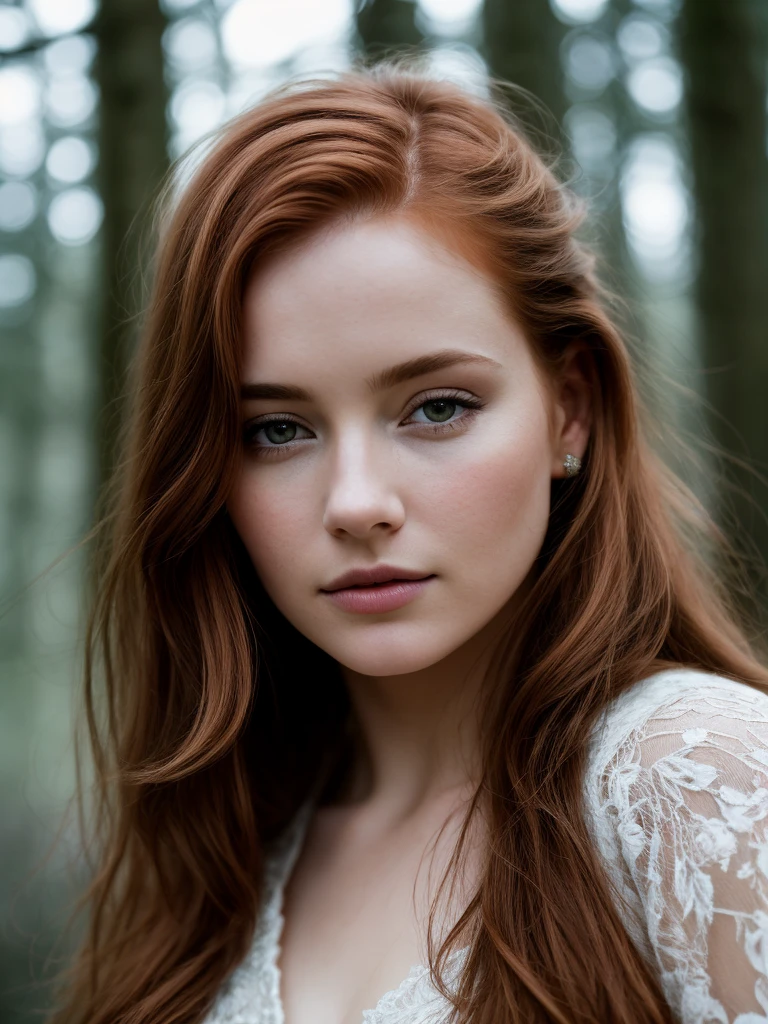close up of a european woman, ginger hair, winter forest, natural skin texture, 24mm, 4k textures, soft cinematic light, RAW photo, photorealism, photorealistic, intricate, elegant, highly detailed, sharp focus, ((((cinematic look)))), soothing tones, insane details, intricate details, hyperdetailed, low contrast, soft cinematic light, dim colors, exposure blend, hdr, faded