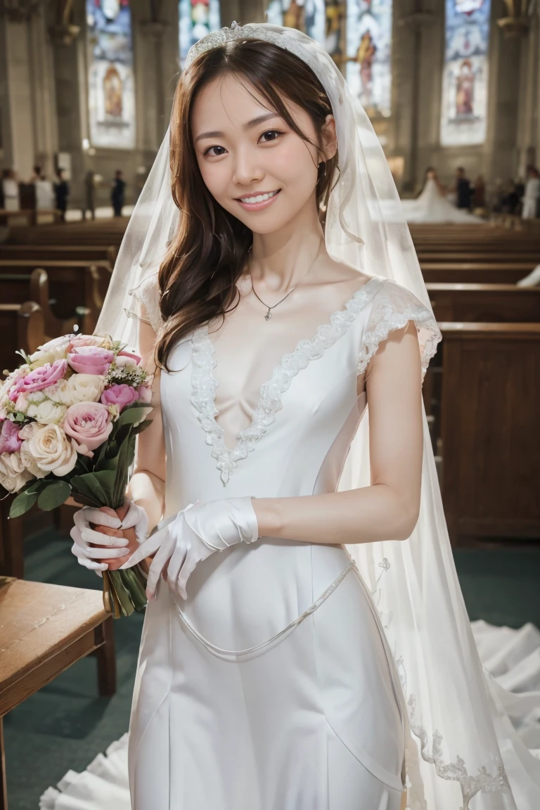 (Highest quality、Tabletop、8K、Best image quality、Award-winning works)、One beautiful bride、(alone:1.1)、(very pretty white sparkly wedding dress:1.2)、(A line wedding dress:1.2)、(long white gloves:1.2)、(holding a bouquet:1.5)、(Perfect Wedding Lace:1.2)、(The most gorgeous and luxurious giant tiara:1.1)、(The most extravagant and luxurious giant necklace:1.1)、((Look at me with your best smile:1.5))、((View your viewers:1.5))、((Looking into the camera:1.5))、A wide selection of the finest jewellery、Cowboy Shot、Perfect Makeup、Long eyelashes、Ultra HD Shining Eyes、Ultra HD Hair, 38 years old、((Skinny:1.7))、((flat chest:1.8))、((slender body:1.5))、((Medium sized breasts:1.5))、Ultra-high resolution glossy lips、Ultra High Resolution Perfect Teeth、Super high resolution beautiful face、(Accurate anatomy:1.1)、(Very bright and beautiful skin:1.2)、(very bright and vivid:1.2)、((Perfect beautiful bridal hairstyles))、(A gorgeous and elegant church:1.2)、(A gorgeous and beautiful church:1.2)、(Front facing body:1.1)、(The most romantic atmosphere:1.1)、(Strongly blurred background:1.1)、(Calm and warm lighting:1.1)、