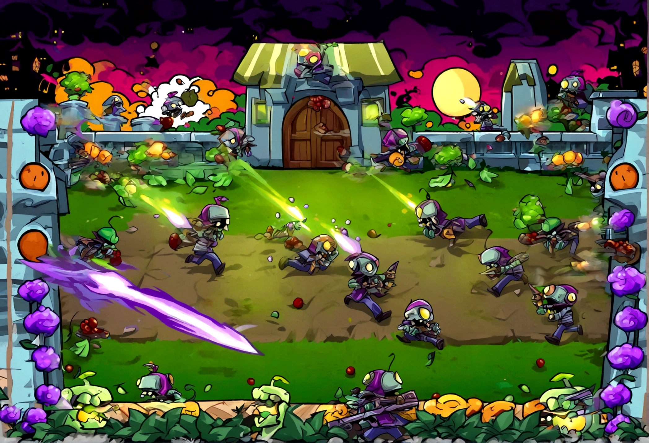 (16 bit video game) cartoonish battle field (Noble vegetable army) shoots at the charging zombie horde. Back yard garden, moonlit night, epic battle plants vs. zombies