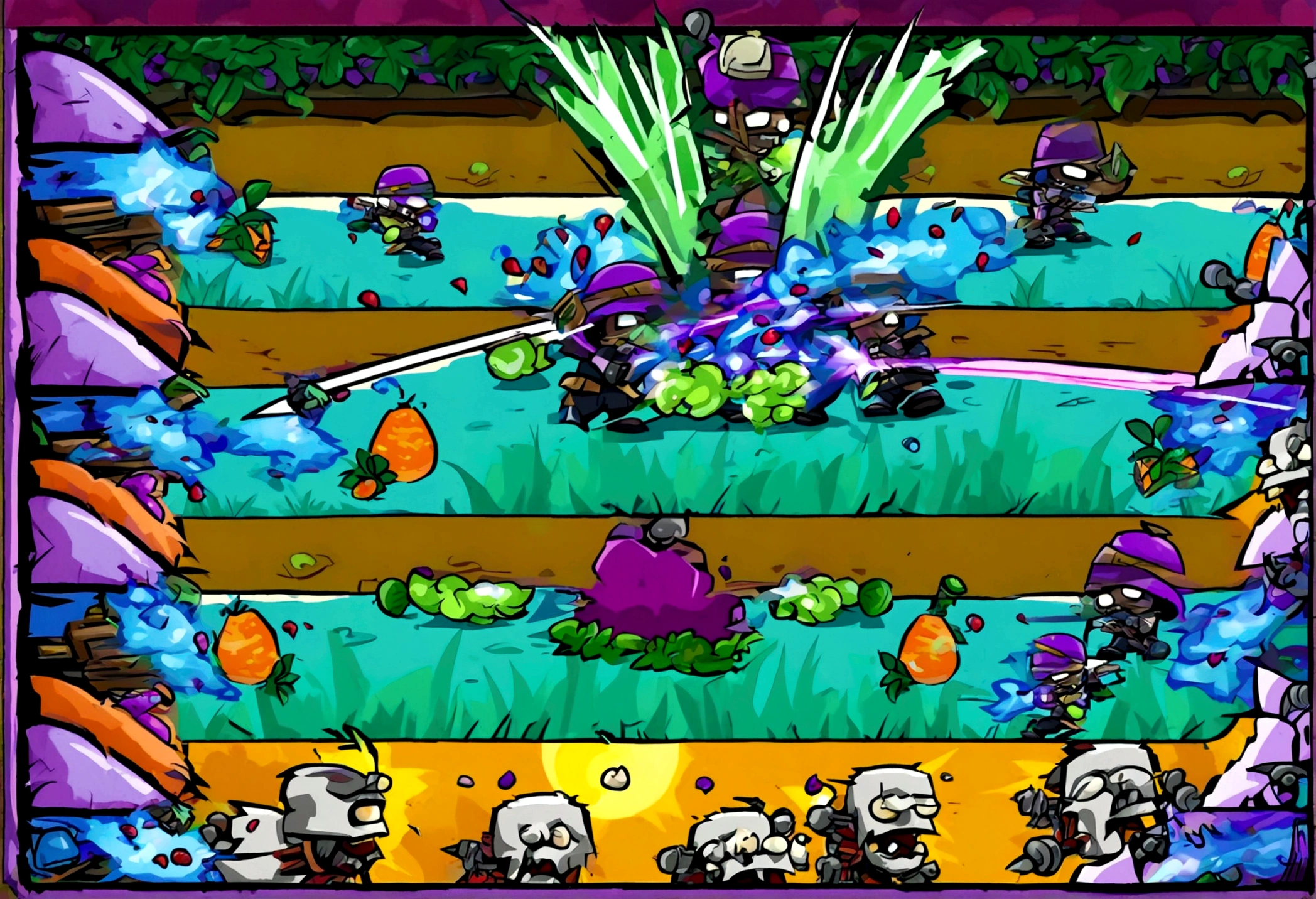 (16 bit video game) cartoonish battle field (Noble vegetable army) shoots at the charging zombie horde. Back yard garden, moonlit night, epic battle plants vs. zombies
