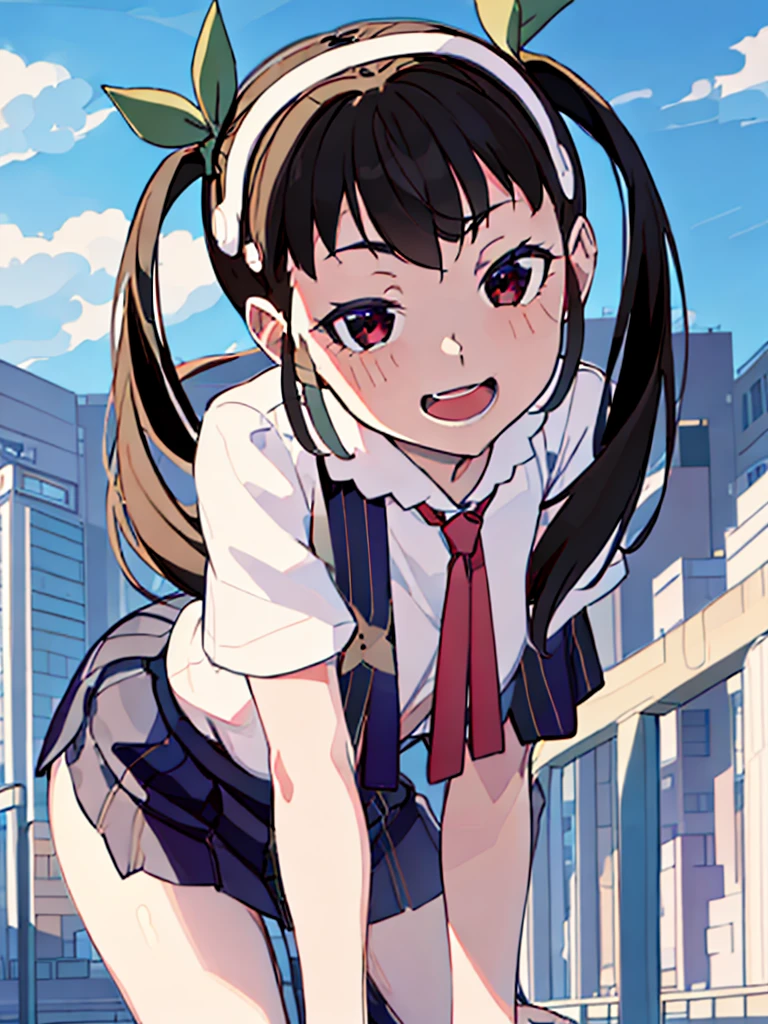 City background, detailed background, hachikuji mayoi,  , leaning forward, open mouth,charming_smile, big breast , Masterpiece ,ultra-detailed, high-definition, 8K resolution, highres, 