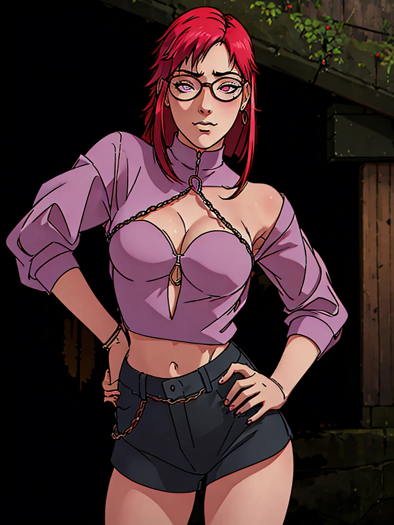 Best quality, 4k, high resolution, body stuck dress, perfect smile, gorgeous, light skin, ahegao face(hentai face) ,red hair, , wearing glasses, wearing bodystuck short dress,(wearing pink bloud ), clothes are stuck in body, bodyfit outfit,1 girl, solo, seductive look, elegance and charm, (masterpiece, best quality, high resolution), looking at the viewer, standing, (intricate and beautiful:1.2), (detailed light:1.2), (soft light, side light), (high resolution textures) , holding leash in hand(chain leash), outdoor, Burmese girl,wearing short  pants(black colour) with white line ,wearing gorgeous jewelary, wearing harness over the outfit ,outdoor background, sun light, attractive, sexy, mature and hot, young,(masterpiece:1.3), (disorganized:1.3), (highest quality:1.3), perfect anatomy, detailed face, front view, perfect right hands, looking at viewer, (Super detailed:1.3), (best shadow:0.7), (treated hair), fine eyes, beautiful eyes, young aged woman, alone, standing, crystal earrings,closed_mouth, , outdoors,Thick thighs, arrogant face, small 