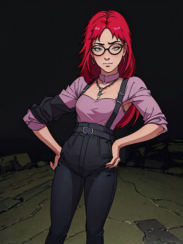 Best quality, 4k, high resolution, body stuck dress, perfect smile, gorgeous, light skin, ahegao face(hentai face) ,red hair, , wearing glasses, wearing bodystuck top(wearing pink bloud ), clothes are stuck in body, bodyfit outfit,1 girl, solo, seductive look, elegance and charm, (masterpiece, best quality, high resolution), looking at the viewer, standing, (intricate and beautiful:1.2), (detailed light:1.2), (soft light, side light), (high resolution textures) , holding leash in hand(chain leash), outdoor, Burmese girl,wearing short  jean pants(black colour) with white line ,wearing gorgeous jewelary, wearing harness over the outfit ,outdoor background, sun light, attractive, sexy, mature and hot, young,(masterpiece:1.3), (disorganized:1.3), (highest quality:1.3), perfect anatomy, detailed face, front view, perfect right hands, looking at viewer, (Super detailed:1.3), (best shadow:0.7), (treated hair), fine eyes, beautiful eyes, young aged woman, alone, standing, crystal earrings,closed_mouth, , outdoors,Thick thighs, arrogant face, small 