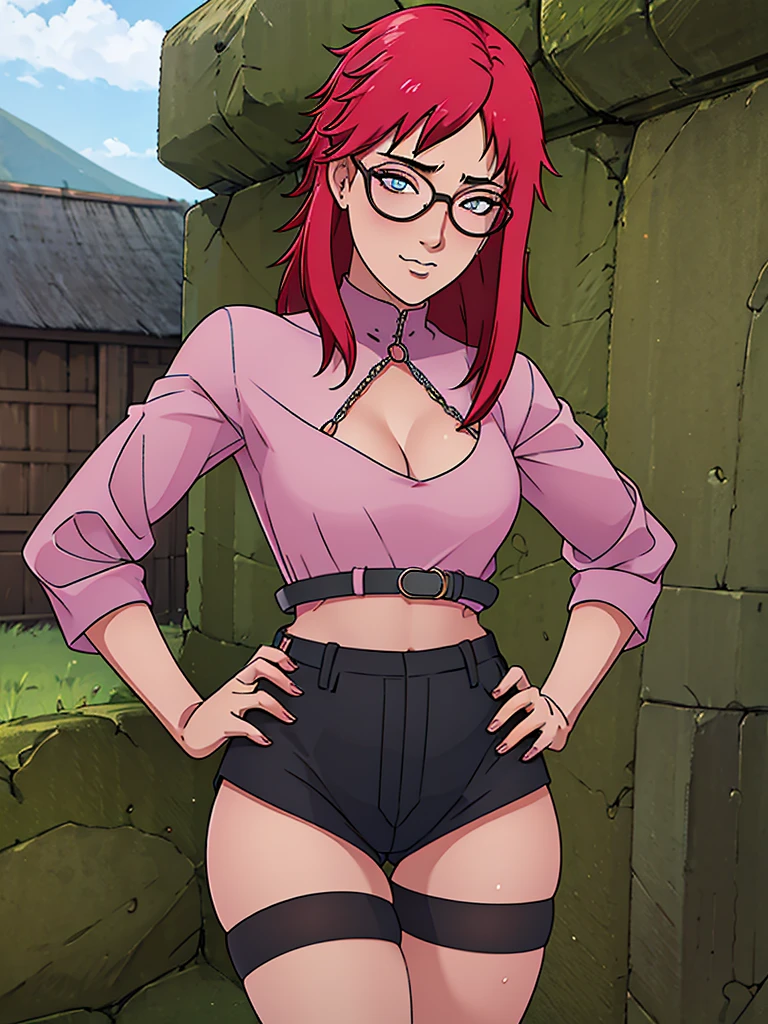 Best quality, 4k, high resolution, body stuck dress, perfect smile, gorgeous, light skin, ahegao face(hentai face) ,red hair, , wearing glasses, wearing bodystuck short dress,(wearing pink bloud ), clothes are stuck in body, bodyfit outfit,1 girl, solo, seductive look, elegance and charm, (masterpiece, best quality, high resolution), looking at the viewer, standing, (intricate and beautiful:1.2), (detailed light:1.2), (soft light, side light), (high resolution textures) , holding leash in hand(chain leash), outdoor, Burmese girl,wearing short  pants(black colour) with white line ,wearing gorgeous jewelary, wearing harness over the outfit ,outdoor background, sun light, attractive, sexy, mature and hot, young,(masterpiece:1.3), (disorganized:1.3), (highest quality:1.3), perfect anatomy, detailed face, front view, perfect right hands, looking at viewer, (Super detailed:1.3), (best shadow:0.7), (treated hair), fine eyes, beautiful eyes, young aged woman, alone, standing, crystal earrings,closed_mouth, , outdoors,Thick thighs, arrogant face, small 