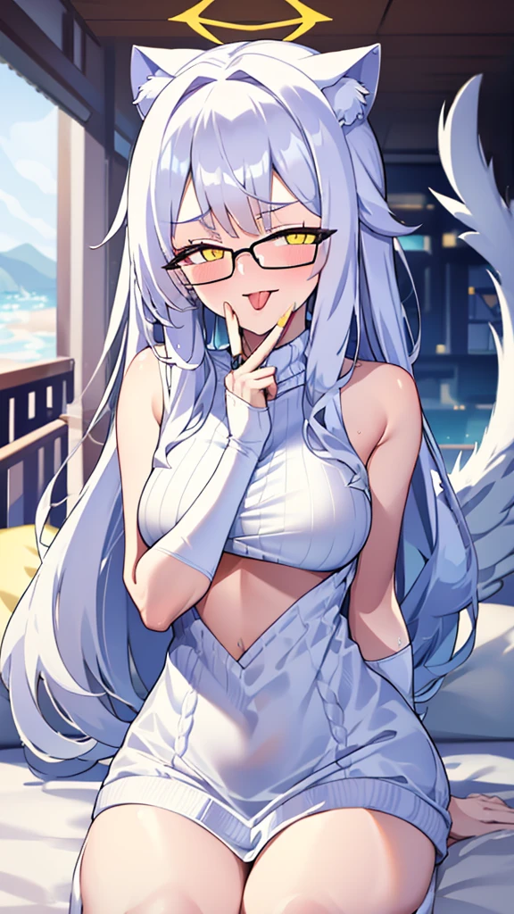 A 20-year-old female angel with long, white hair, yellow eyes, white cat ears, and large white angel wings. yellow halo ring round white glasses (White halter turtleneck sweater, white purekiller sweater, sleeveless, sexy backless sweater, white dress) White arm warmers, stick out tongue, bedroom