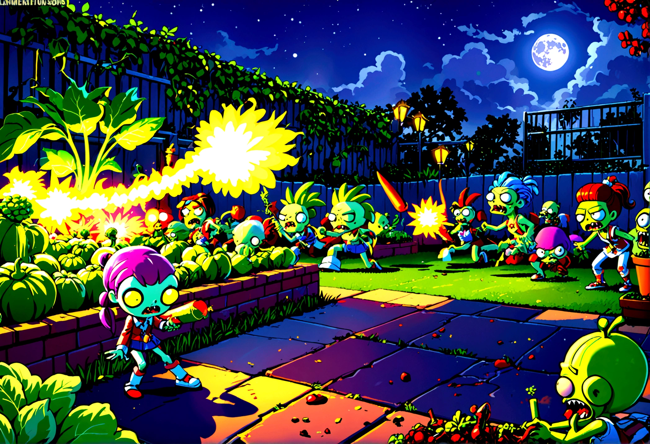 (16 bit video game) cartoonish battle field (Noble vegetable army) shoots at the charging zombie horde. Back yard garden, moonlit night, epic battle plants vs. zombies