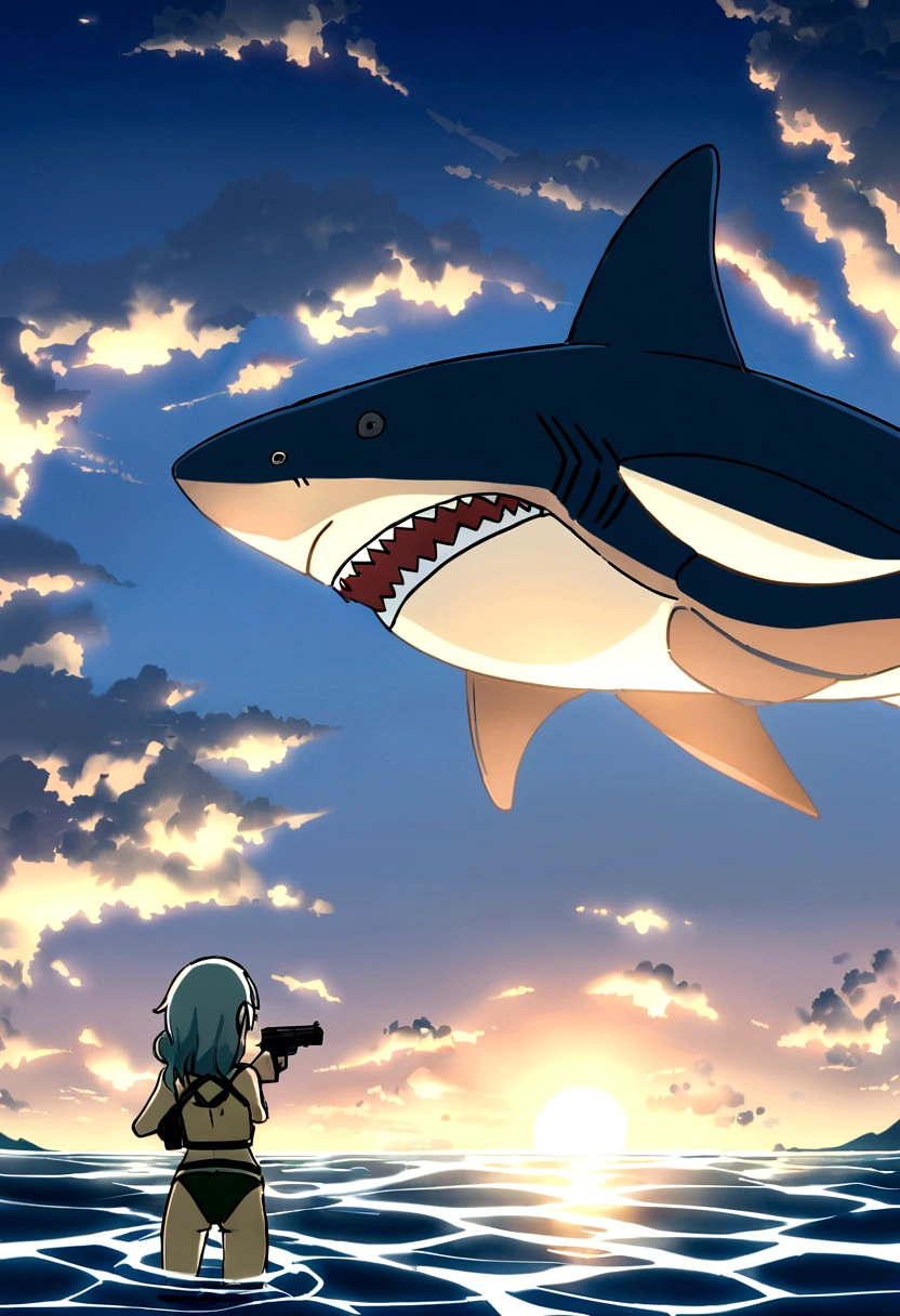 A future Earth where all land has been submerged,Sea.High resolution, Anime Style, A girl armed with a gun and a combat bikini.Seaで戦闘中, 女の子は未来のSeaで発射できる銃を持っている, A smile aiming at the prey,Giant shark,背景にSeaの中に完全に水没したビル群