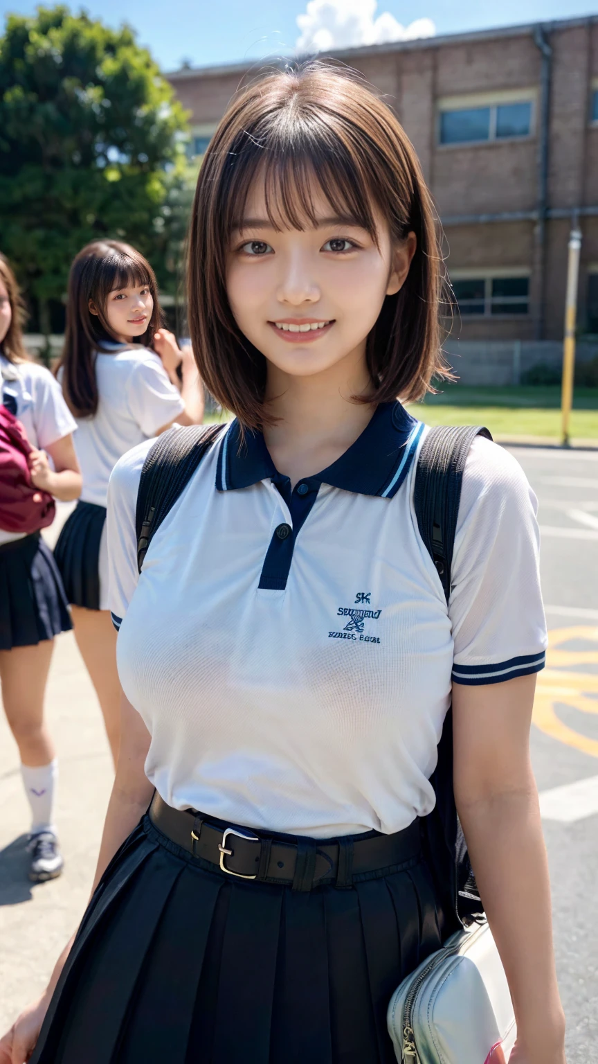(Realistic、Like a photograph、Live Action、8K, Realistic, RAW Photos, Best image quality: 1.4), Single-lens reflex camera、RAW Photos, Highest quality, Realistic, Very detailed CG Unity 8K wall paper, Written boundary depth, Cinematic Light, Lens flare, Ray Tracing, Realistic background、((high school girl:1.4、A tight polo shirt that expresses the roundness and softness of the chest area:1.3、Uniform skirt:1.3)、(huge Breasts:1.3)、Sports bag slung across the shoulder、The straps of the bag pass between the chest)、((Ultra-Dense Skin))、 1 female, cute high school girl、((Girls cheering in the schoolyard、support、(whole body:1.5)、Smiling at school))、Pink inner color hair、short hair:1.2、tie your hair with a hair clip、I like that style、stylish、Very detailed、Pay attention to the details、Perfect outfit、(Sunburned skin)、Beautiful legs:1.1,front