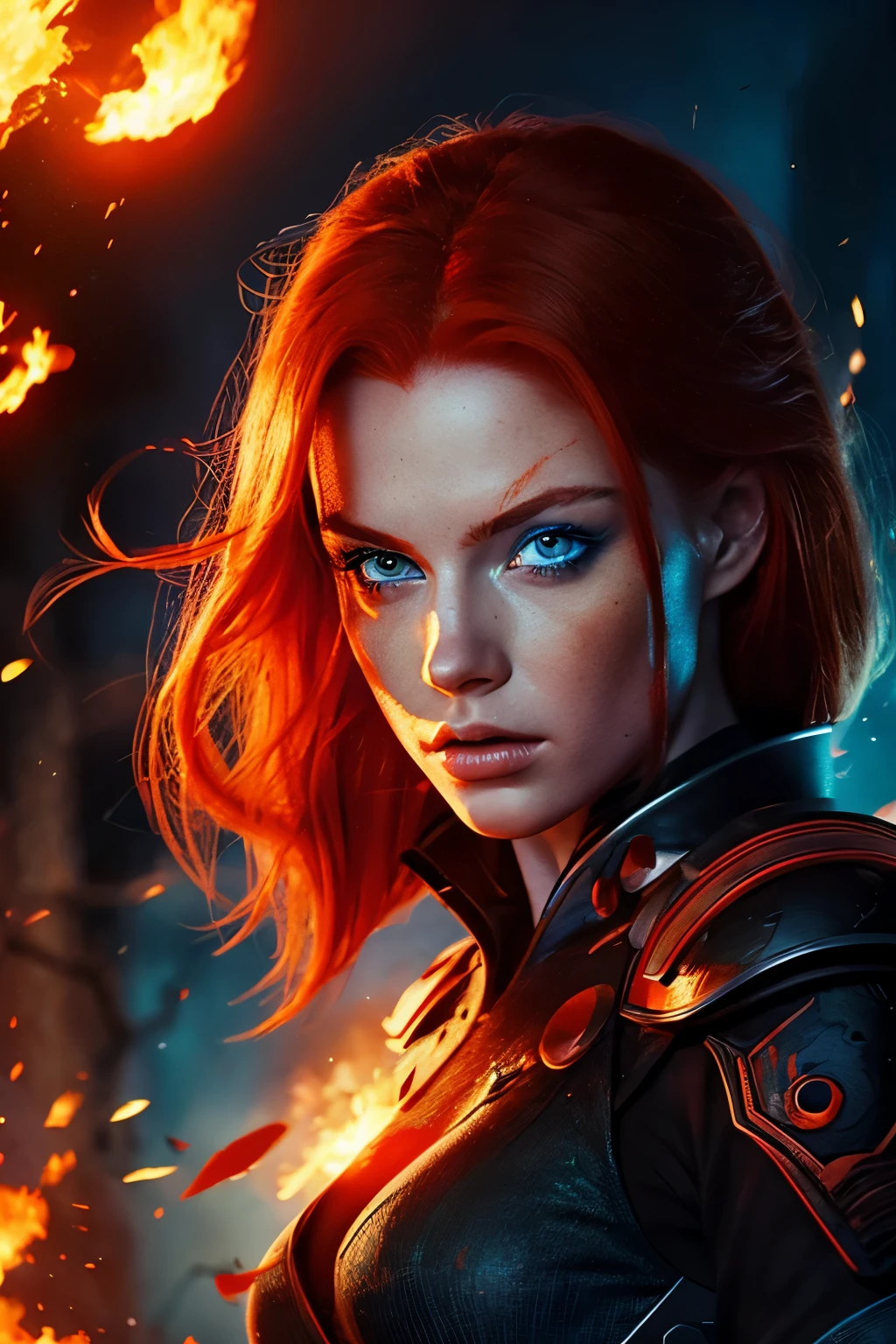 a woman with red hair and blue eyes is surrounded by fire, highly realistic digital art, smoldering, magic colors, haunting beautiful young woman, inspired by Fred Cress, radiating with power, closeup portrait of an mage, made of lava, photorender