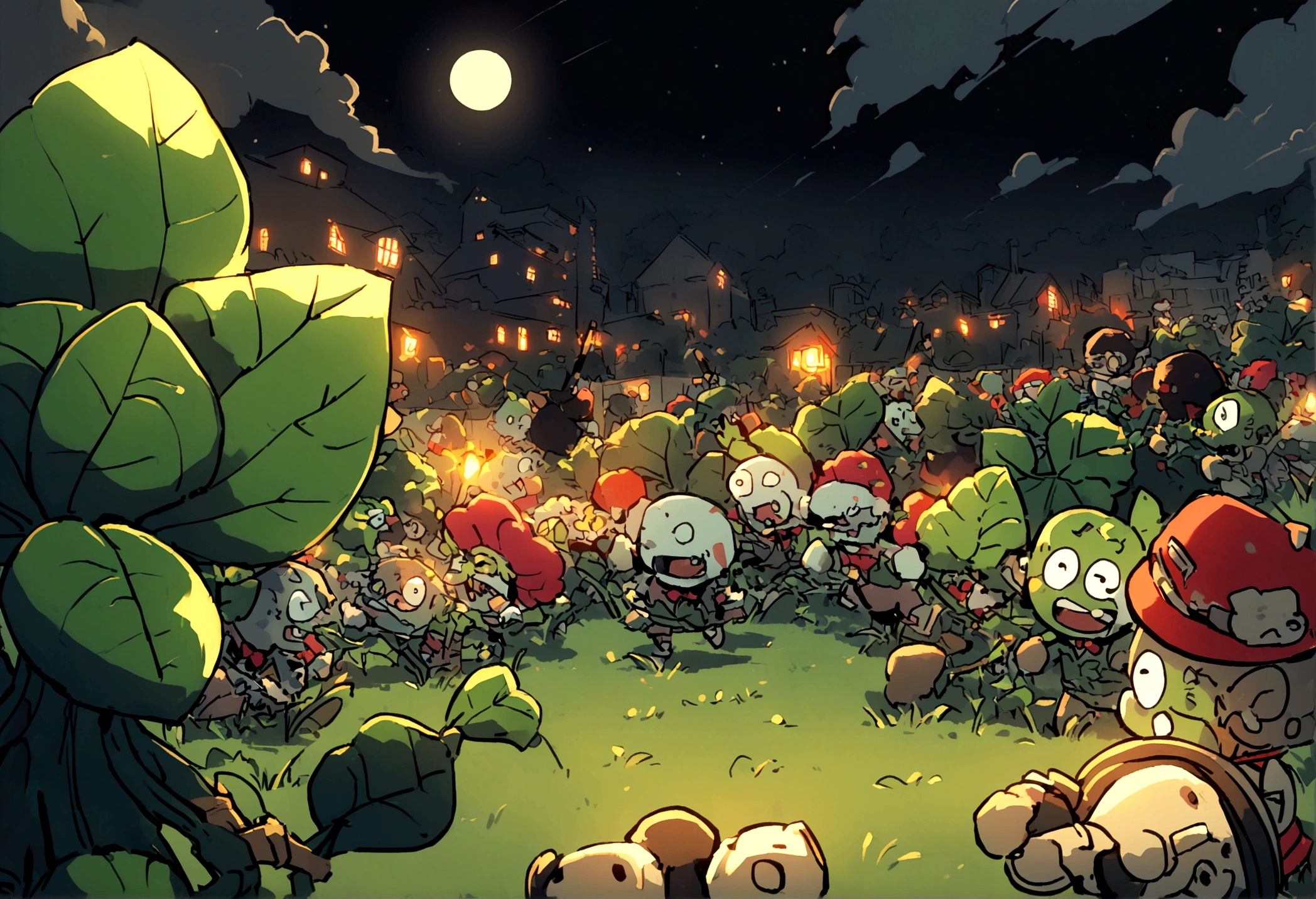 (16 bit video game) cartoonish battle field (Noble vegetable army) shoots at the charging zombie horde. Back yard garden, moonlit night, epic battle plants vs. zombies