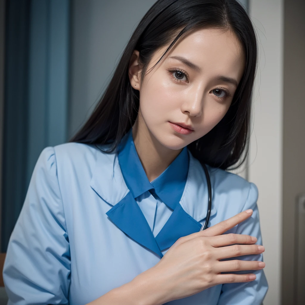 Create an image depicting a woman in a blue nurse uniform who is overly considerate of others. Show her expressing kindness and empathy, emphasizing her gentle demeanor and professional qualities through her facial expression and gestures. Set the scene in a calm background that suggests a medical environment, highlighting her compassion. Ensure the composition makes her warmth and caring nature stand out.