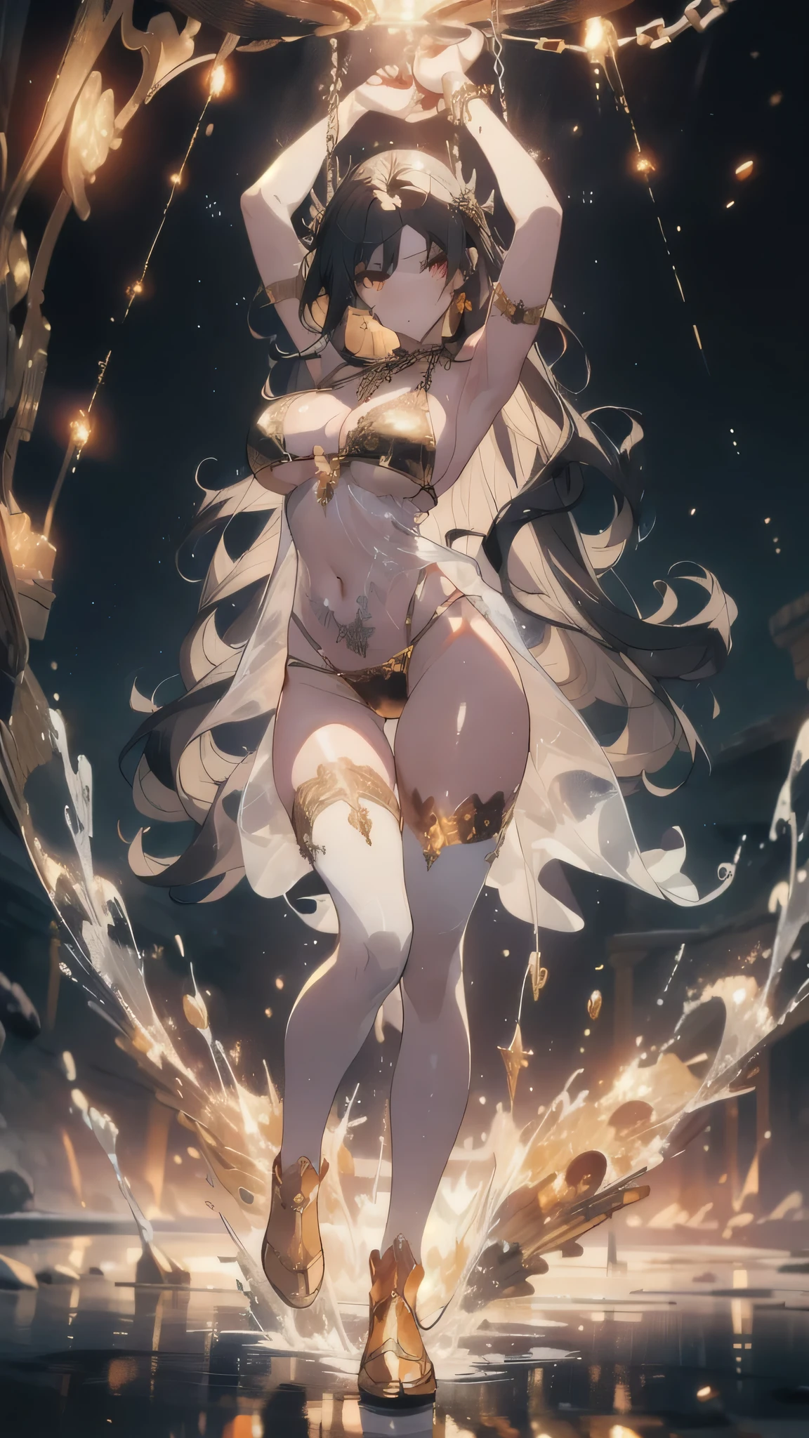 ((masterpiece, best quality)), Epic battlefield atmosphere,Delicate face,Succubus,whole body,Standing picture,glowing golden eyes,Large Breasts,Gradient white long wavy hair,Perfect body proportions,Pure white background,firefly,Water Ripples,Lace,Transparent sex bikini,,Tattoo,chain