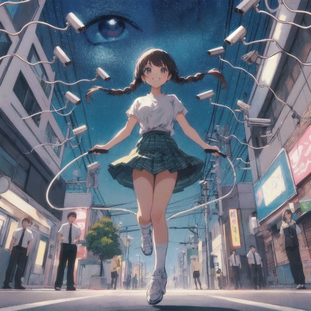 Anime girl wearing a skirt and white shirt jumping rope in a street full of security cameras, Crazy Smile,80s anime style, Trending Anime Artwork, 80's Town,Lofi,Japanese Pop Surrealism, lofi album art, Anime atmosphere, Anime Style 4k, Anime Aesthetics, Trending Anime Art, Lo-fi Girl, Makoto Shinkai Cyril Rolland, Beautiful anime art, A mix of anime style and Fujifilm, Anime style digital art