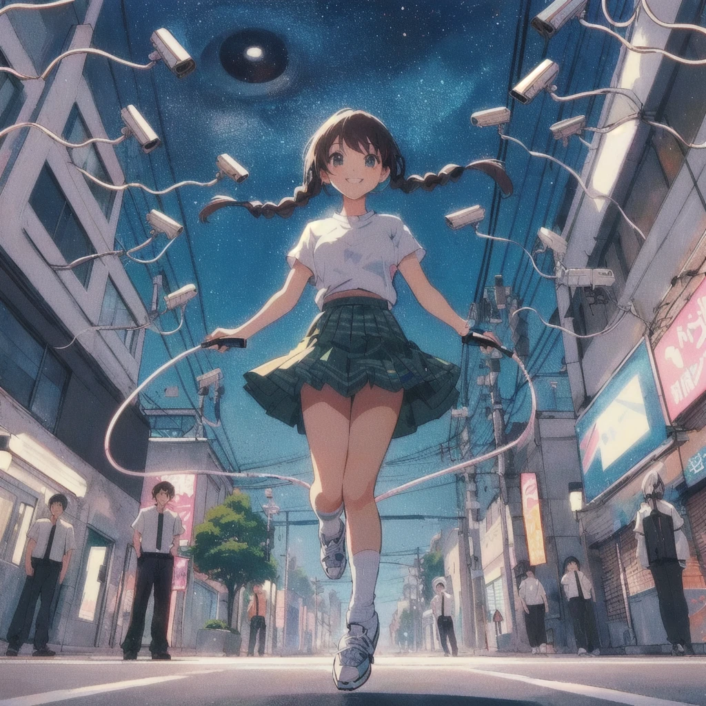 Anime girl wearing a skirt and white shirt jumping rope in a street full of security cameras, Crazy Smile,80s anime style, Trending Anime Artwork, 80&#39;s Town,Lofi,Japanese Pop Surrealism, lofi album art, Anime atmosphere, Anime Style 4k, Anime Aesthetics, Trending Anime Art, Lo-fi Girl, Makoto Shinkai Cyril Rolland, Beautiful anime art, A mix of anime style and Fujifilm, Anime style digital art