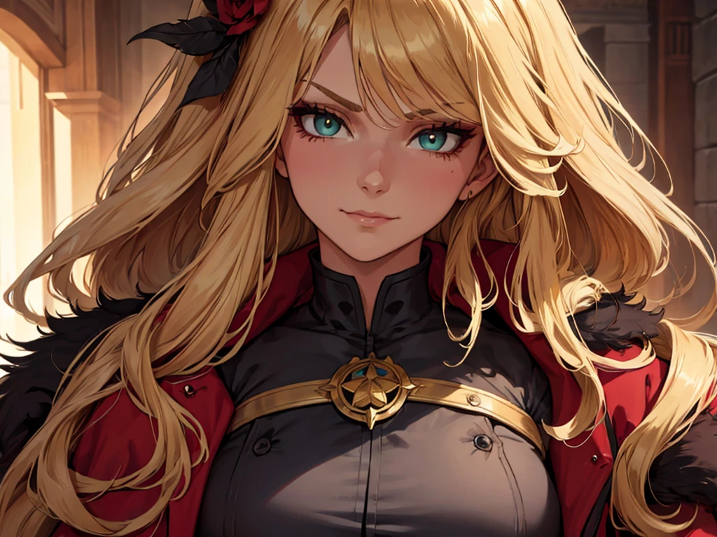 ((masterpiece)), ((best quality)), 1girl, adult, long hair, ((blonde hair)), very long blonde hair, ((intimidant look)), ((close-up)), profile image, green eyes, black and red clothes, sexy, dark colors, brillant eyes, ((coat with fur)), ((wavy hair)), exposed skin, ((sexy pose)), ((intimidant look)), good anatomy, ((dark sage clothes)), ((straight cut bangs)), emotionless, intimidant, ((beautiful eyes)), close up, ((detailed eyes)), beautiful eyes, ((detailed face)), hair bang, frontal look, evil, relaxed, smile, magical goddess othinus, detailed face, eyepatch, full body, ((detailed))