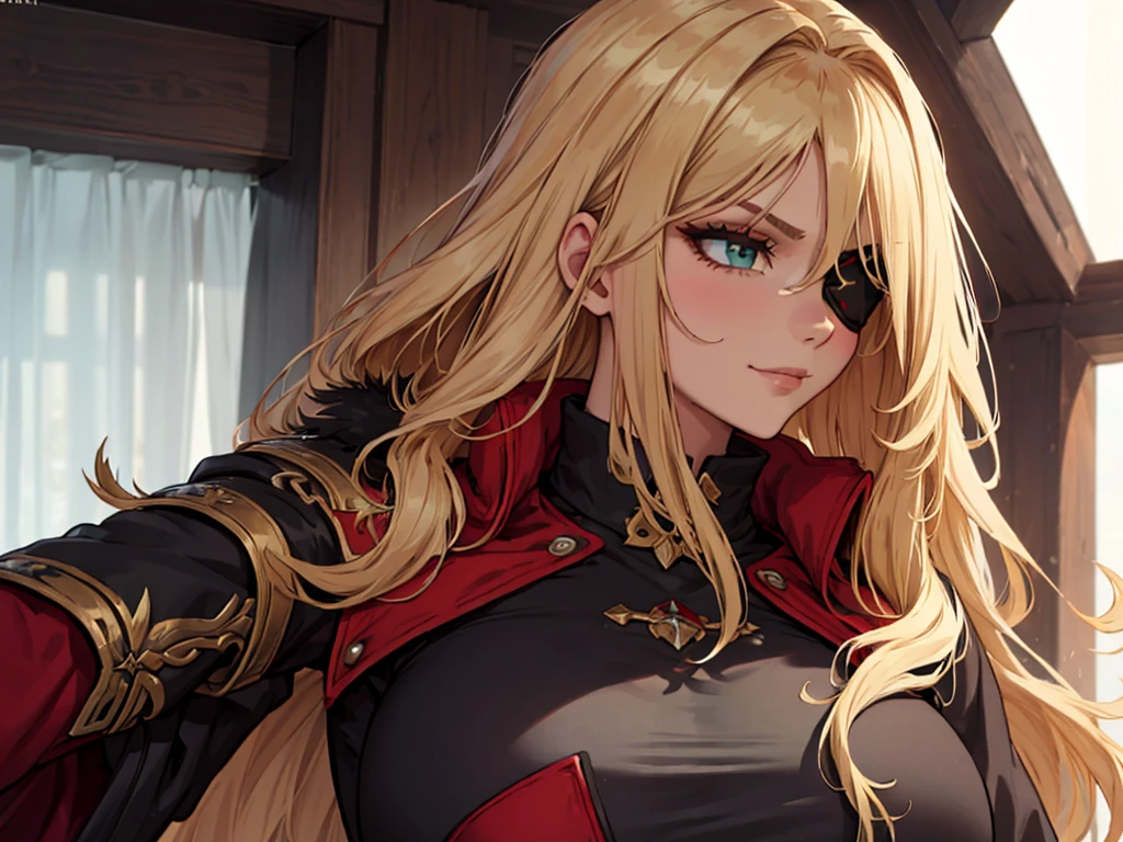 ((masterpiece)), ((best quality)), 1girl, adult, long hair, ((blonde hair)), very long blonde hair, ((intimidant look)), ((close-up)), profile image, green eyes, black and red clothes, sexy, dark colors, brillant eyes, ((coat with fur)), ((wavy hair)), exposed skin, ((sexy pose)), ((intimidant look)), good anatomy, ((dark sage clothes)), ((straight cut bangs)), emotionless, intimidant, ((beautiful eyes)), close up, ((detailed eyes)), beautiful eyes, ((detailed face)), hair bang, frontal look, evil, relaxed, smile, magical goddess othinus, detailed face, eyepatch, full body, ((detailed))
