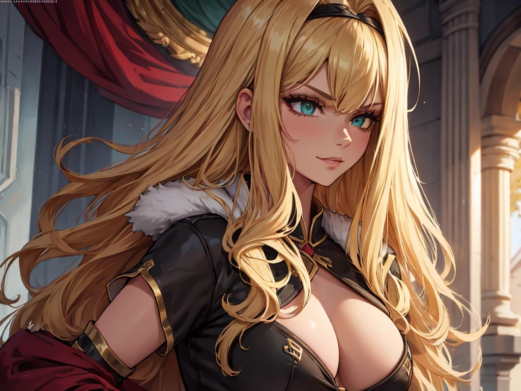 ((masterpiece)), ((best quality)), 1girl, adult, long hair, ((blonde hair)), very long blonde hair, ((intimidant look)), ((close-up)), profile image, green eyes, black and red clothes, sexy, dark colors, brillant eyes, ((coat with fur)), ((wavy hair)), exposed skin, ((sexy pose)), ((intimidant look)), good anatomy, ((dark sage clothes)), ((straight cut bangs)), emotionless, intimidant, ((beautiful eyes)), close up, ((detailed eyes)), beautiful eyes, ((detailed face)), hair bang, frontal look, evil, relaxed, smile, magical goddess othinus, detailed face, eyepatch, full body, ((detailed))