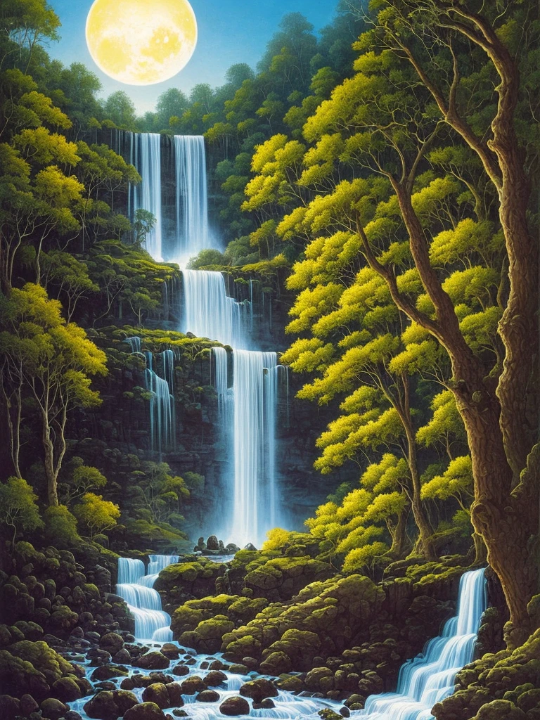 a painting of a waterfall in a forest at night, darrell k sweet, blue moonlight, virgil finlaytim hildebrandt, by Brothers Hildebrandt, beautiful moonlight, by Rodolfo Escalera, michael whelan and gustave done, blueish moonlight, stunning moonlight and shadows, by the Brothers Hildebrandt, by David B. Mattingly, soft blue moonlight