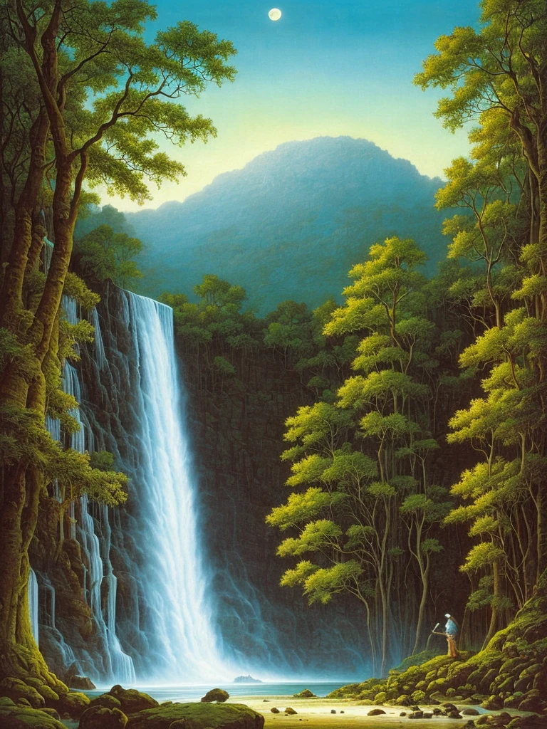 a painting of a waterfall in a forest at night, darrell k sweet, blue moonlight, virgil finlaytim hildebrandt, by Brothers Hildebrandt, beautiful moonlight, by Rodolfo Escalera, michael whelan and gustave done, blueish moonlight, stunning moonlight and shadows, by the Brothers Hildebrandt, by David B. Mattingly, soft blue moonlight