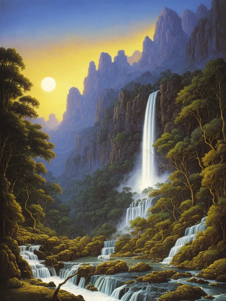 a painting of a waterfall in a forest at night, darrell k sweet, blue moonlight, virgil finlaytim hildebrandt, by Brothers Hildebrandt, beautiful moonlight, by Rodolfo Escalera, michael whelan and gustave done, blueish moonlight, stunning moonlight and shadows, by the Brothers Hildebrandt, by David B. Mattingly, soft blue moonlight