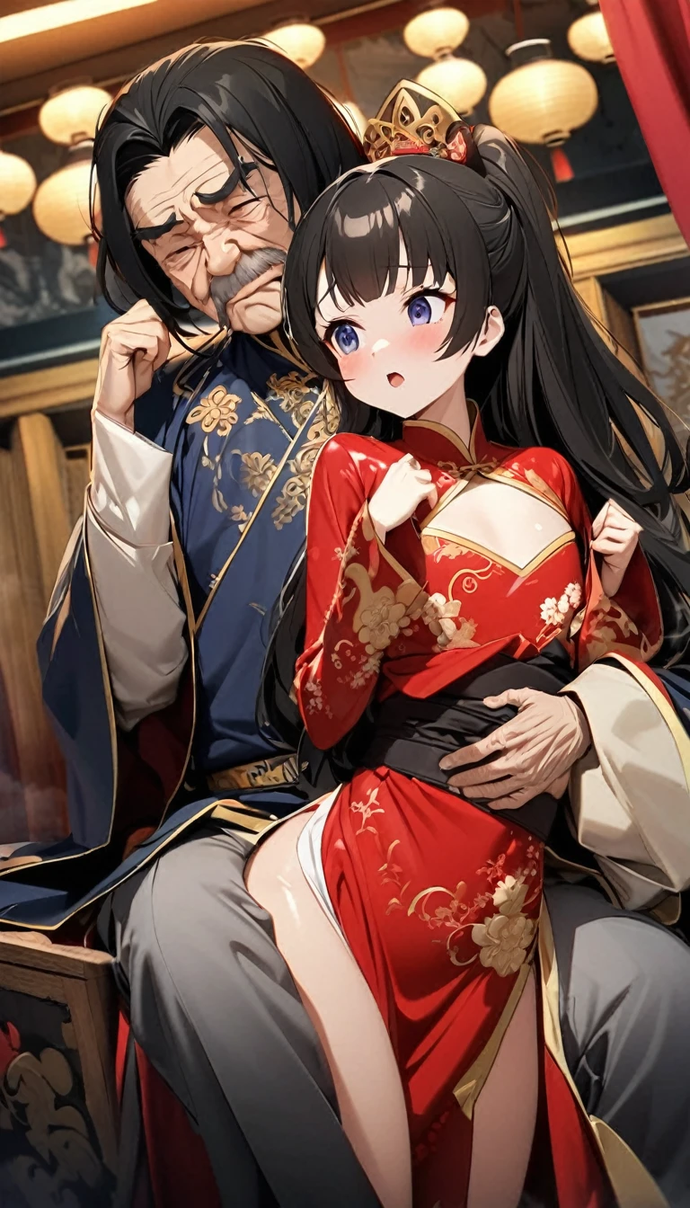 A tragic historical drama in 8k live-action style: Beautiful palace secrets Beautiful 10 year old Chinese Kung Fu girl princess with short black hair has very rough unwanted sex with old man emperor Gorgeous embroidery, Ultra glossy, She is wearing a shiny red top and bottom long sleeve floral kung fu suit.... The chest of her dress was forcibly ripped open by the old man's hands, exposing her breasts.