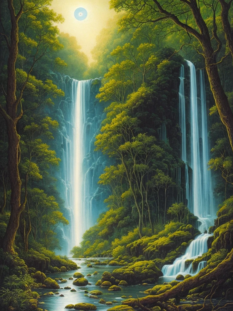 a painting of a waterfall in a forest at night, darrell k sweet, blue moonlight, virgil finlaytim hildebrandt, by Brothers Hildebrandt, beautiful moonlight, by Rodolfo Escalera, michael whelan and gustave done, blueish moonlight, stunning moonlight and shadows, by the Brothers Hildebrandt, by David B. Mattingly, soft blue moonlight