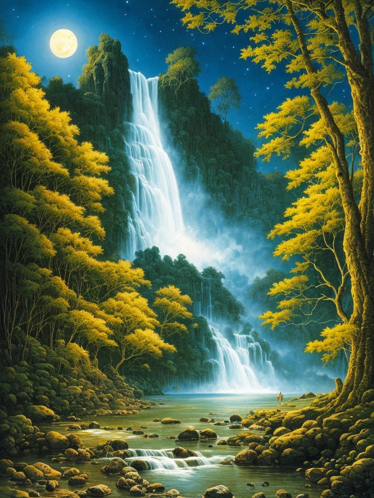 a painting of a waterfall in a forest at night, darrell k sweet, blue moonlight, virgil finlaytim hildebrandt, by Brothers Hildebrandt, beautiful moonlight, by Rodolfo Escalera, michael whelan and gustave done, blueish moonlight, stunning moonlight and shadows, by the Brothers Hildebrandt, by David B. Mattingly, soft blue moonlight