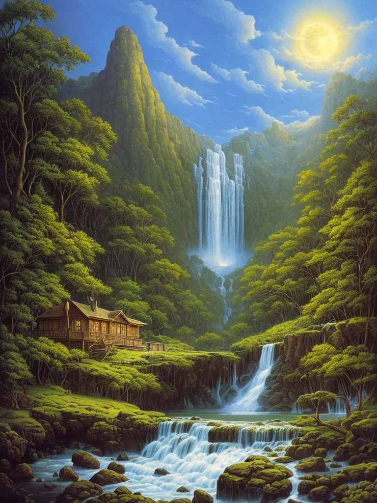 a painting of a waterfall in a forest at night, darrell k sweet, blue moonlight, virgil finlaytim hildebrandt, by Brothers Hildebrandt, beautiful moonlight, by Rodolfo Escalera, michael whelan and gustave done, blueish moonlight, stunning moonlight and shadows, by the Brothers Hildebrandt, by David B. Mattingly, soft blue moonlight