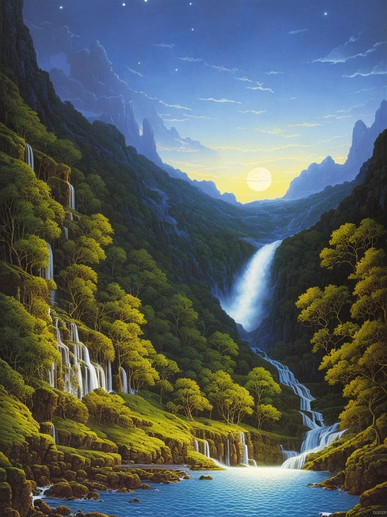 a painting of a waterfall in a forest at night, darrell k sweet, blue moonlight, virgil finlaytim hildebrandt, by Brothers Hildebrandt, beautiful moonlight, by Rodolfo Escalera, michael whelan and gustave done, blueish moonlight, stunning moonlight and shadows, by the Brothers Hildebrandt, by David B. Mattingly, soft blue moonlight