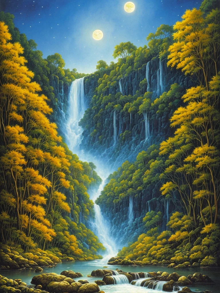 a painting of a waterfall in a forest at night, darrell k sweet, blue moonlight, virgil finlaytim hildebrandt, by Brothers Hildebrandt, beautiful moonlight, by Rodolfo Escalera, michael whelan and gustave done, blueish moonlight, stunning moonlight and shadows, by the Brothers Hildebrandt, by David B. Mattingly, soft blue moonlight