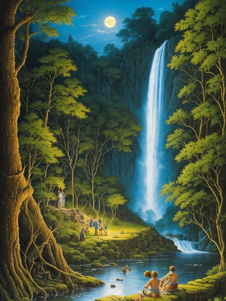 a painting of a waterfall in a forest at night, darrell k sweet, blue moonlight, virgil finlaytim hildebrandt, by Brothers Hildebrandt, beautiful moonlight, by Rodolfo Escalera, michael whelan and gustave done, blueish moonlight, stunning moonlight and shadows, by the Brothers Hildebrandt, by David B. Mattingly, soft blue moonlight