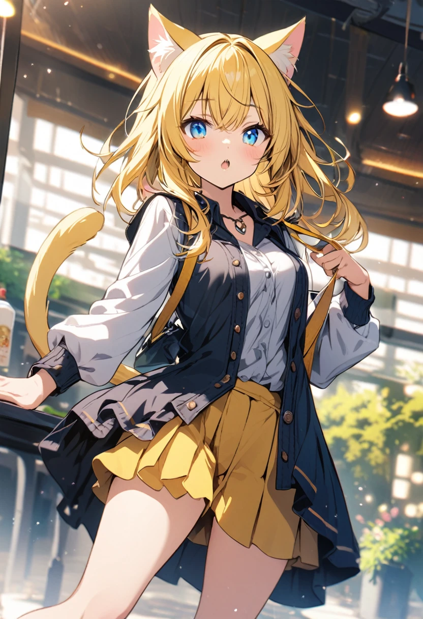 Girl, cat girl, blue eyes, cat tail, yellow hair