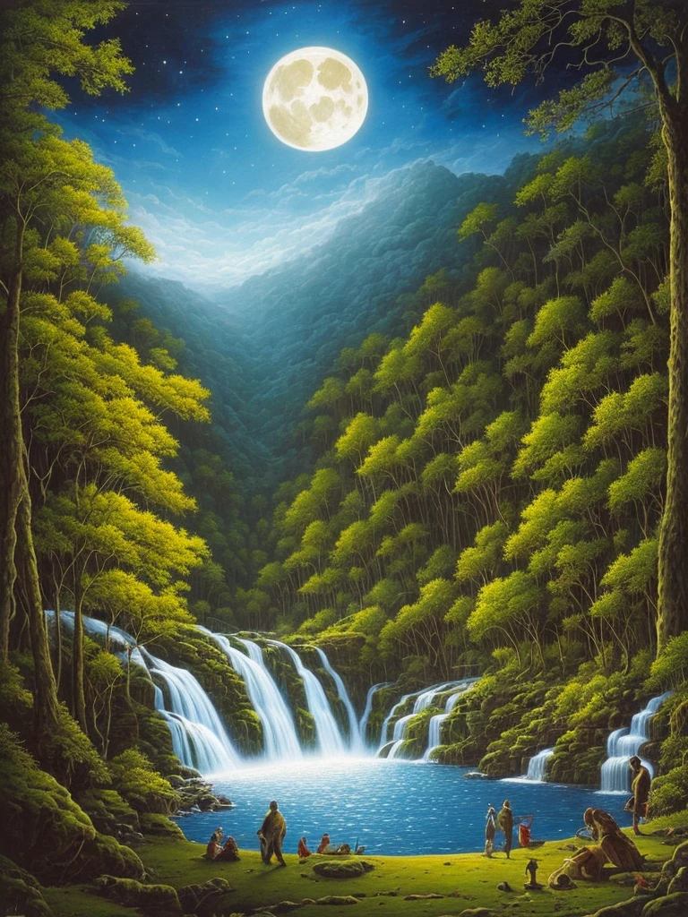 a painting of a waterfall in a forest at night, darrell k sweet, blue moonlight, virgil finlaytim hildebrandt, by Brothers Hildebrandt, beautiful moonlight, by Rodolfo Escalera, michael whelan and gustave done, blueish moonlight, stunning moonlight and shadows, by the Brothers Hildebrandt, by David B. Mattingly, soft blue moonlight