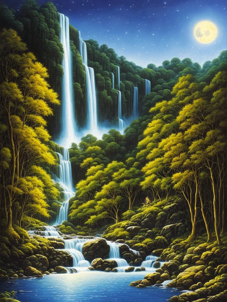 a painting of a waterfall in a forest at night, darrell k sweet, blue moonlight, virgil finlaytim hildebrandt, by Brothers Hildebrandt, beautiful moonlight, by Rodolfo Escalera, michael whelan and gustave done, blueish moonlight, stunning moonlight and shadows, by the Brothers Hildebrandt, by David B. Mattingly, soft blue moonlight