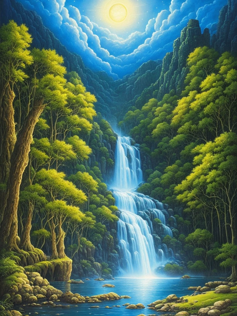 a painting of a waterfall in a forest at night, darrell k sweet, blue moonlight, virgil finlaytim hildebrandt, by Brothers Hildebrandt, beautiful moonlight, by Rodolfo Escalera, michael whelan and gustave done, blueish moonlight, stunning moonlight and shadows, by the Brothers Hildebrandt, by David B. Mattingly, soft blue moonlight